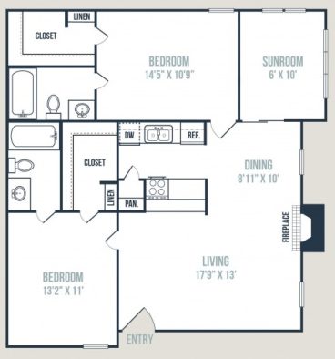 the floor plan for a two bedroom apartment at The Raleigh at Towne Crossing